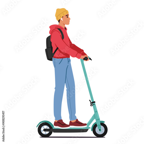 Teenage student cartoon character riding electric scooter going university campus isolated on white