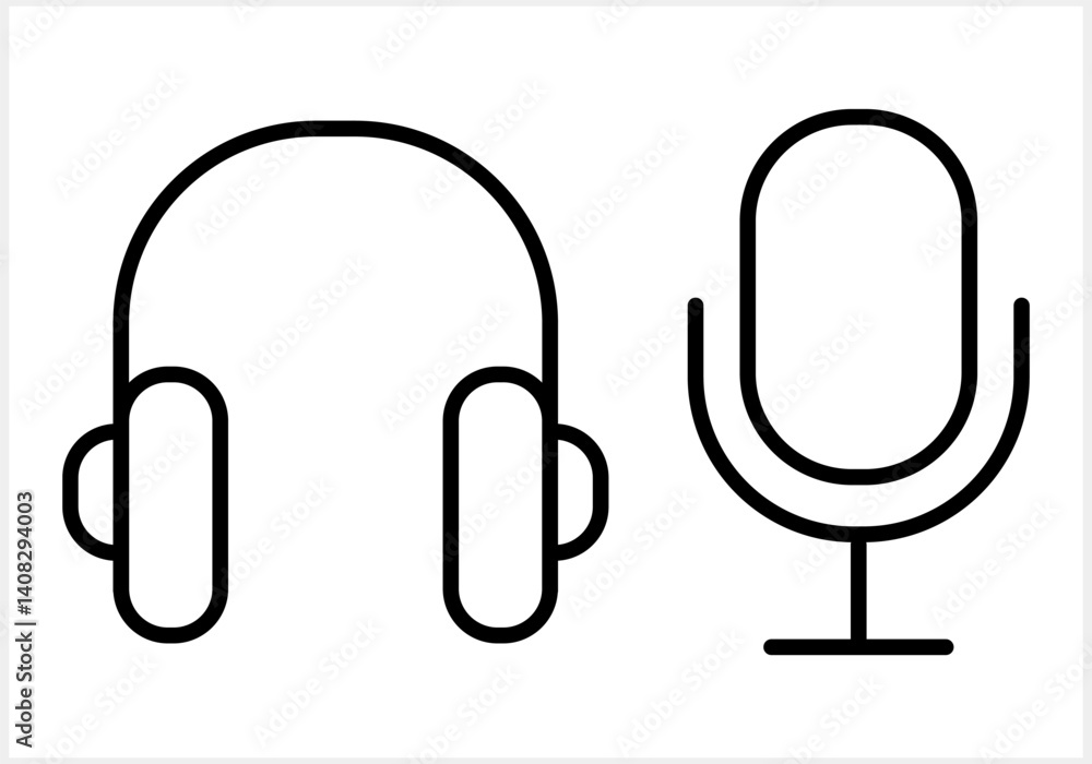 Outline headphones and microphone icon isolated. Sketch podkast symbol. Vector stock illustration Outline headphones and microphone icon isolated. Sketch podkast symbol. Vector stock illustration
