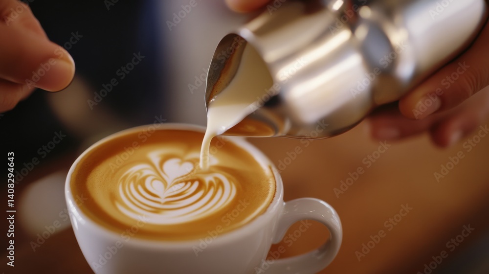 Barista carefully pouring steamed milk into espresso. Featuring skill and precision Barista carefully pouring steamed milk into espresso. Featuring skill and precision