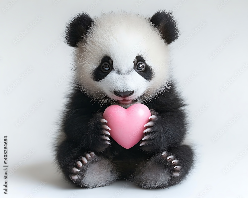 Fototapeta premium Cute Panda Cub Holds Heart, Studio Shot
