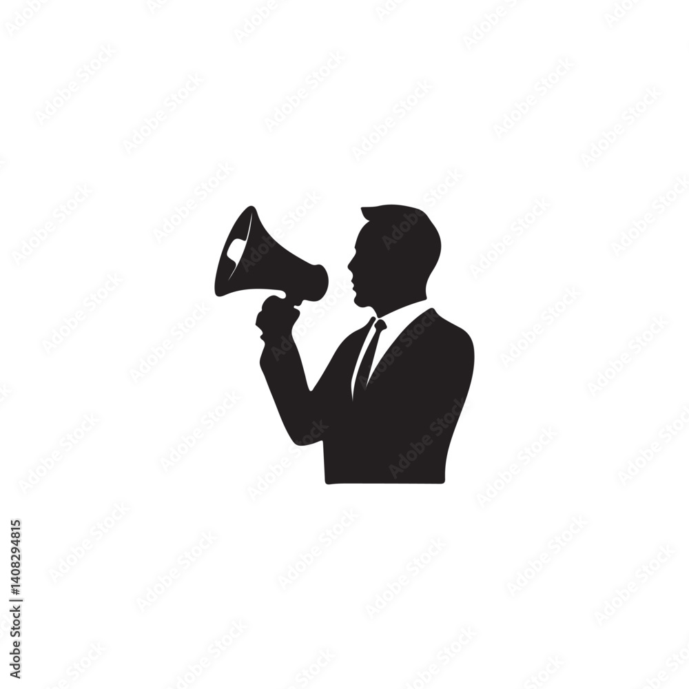 Fototapeta premium Businessman Holding Megaphone in Silhouette.A bold silhouette of a businessman holding a megaphone, conveying a message or announcement.