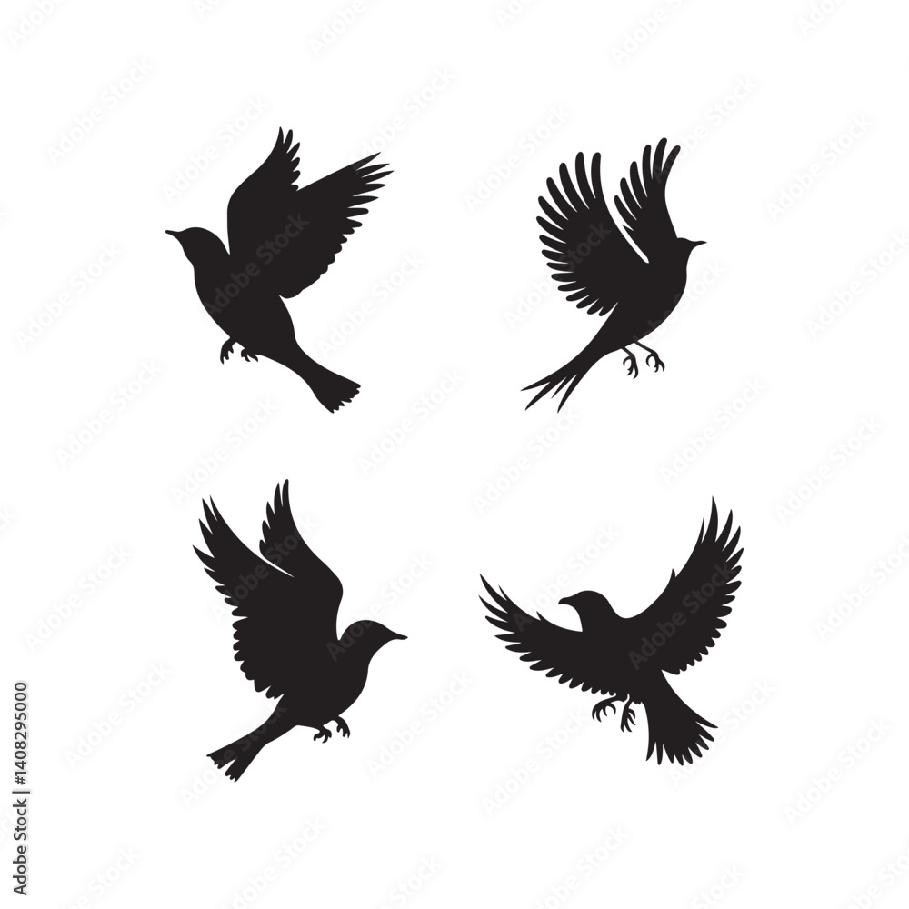 Obraz premium Four Silhouettes of Birds in Flight.This image features four black silhouettes of birds in various flight positions against a pure white background.