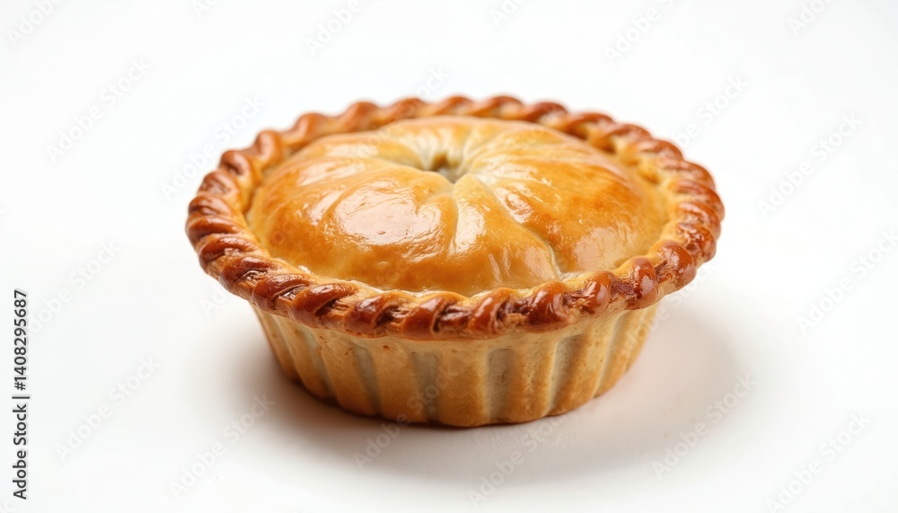 Isolated meat pie on white backdrop. Golden baked crust with filling inside. Freshly cooked individual snack meal. Delicious savory pastry. Perfect for food blogs, culinary articles restaurant Isolated meat pie on white backdrop. Golden baked crust with filling inside. Freshly cooked individual snack meal. Delicious savory pastry. Perfect for food blogs, culinary articles restaurant