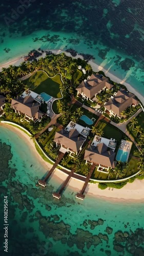 Luxurious tropical beach resort oasis captured from aerial perspective in stunning clarity