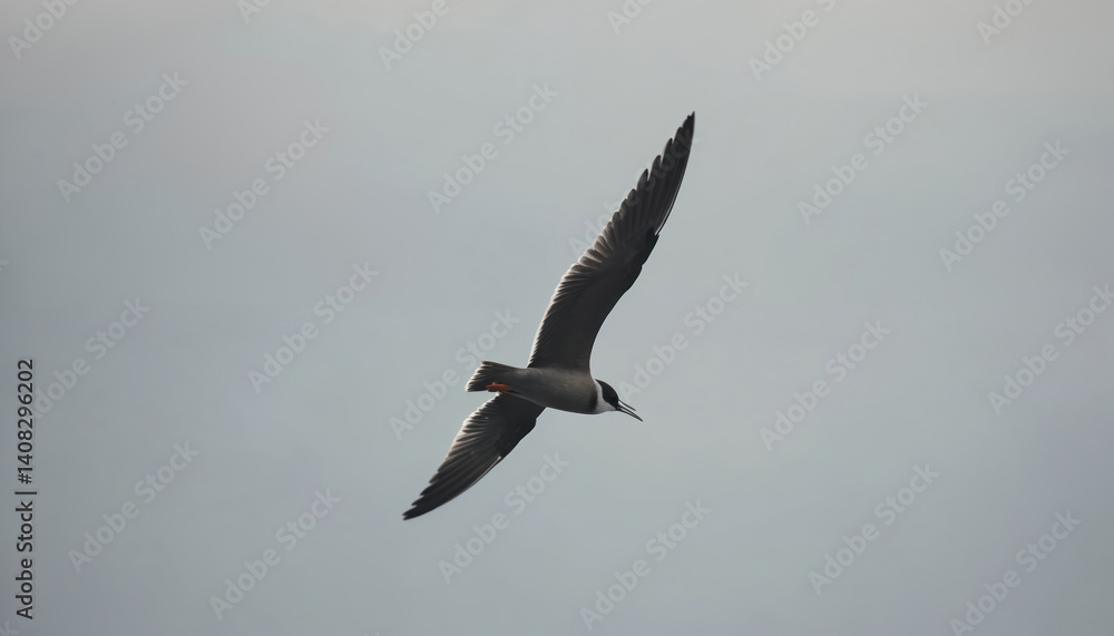 Obraz premium Black tern bird in flight against cloudy sky. Wildlife animal flying with open wings. Birdwatching, ornithology photo of Chlidonias niger. Fauna background.