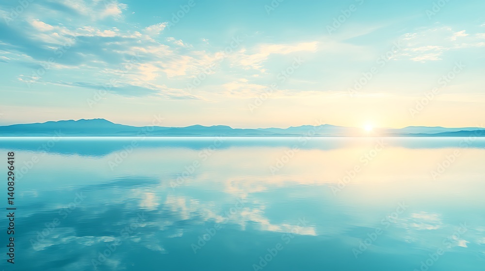 Fototapeta premium Serene sunrise over a tranquil lake reflecting a perfect sky.