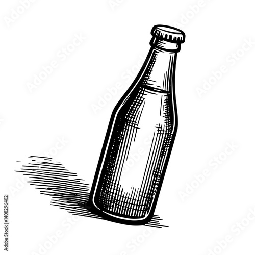 Cross-hatch illustration of a glass bottle, black and white, beverage container drawing against a white background with shadow