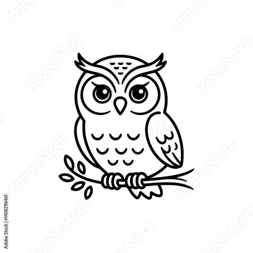 Simple outline drawing of an owl, black and white, wise bird illustration on a white background with copy space