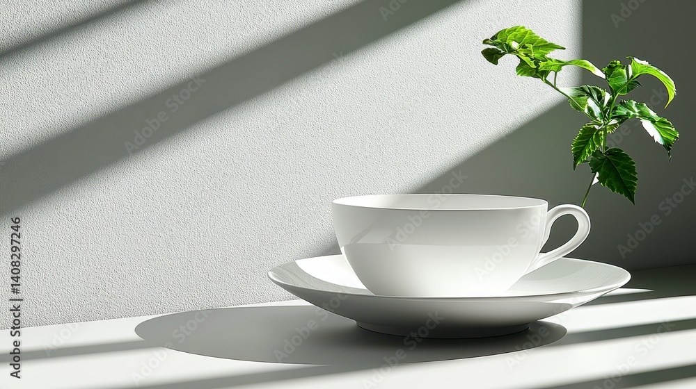 Minimalist White Cup and Plant Shadow Play on Light Wall Surface Minimalist White Cup and Plant Shadow Play on Light Wall Surface
