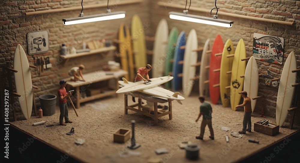 Fototapeta premium Crafting Surfboards in Workshop Miniature Scene