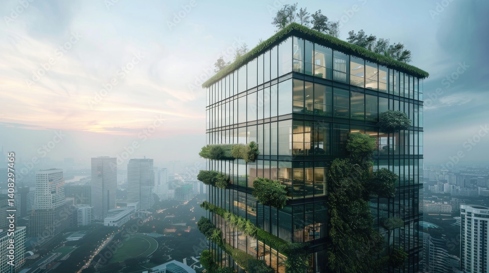 Fototapeta premium Foggy city tower majestic architectural structure