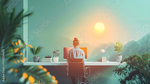 Working with Nature: A person at a desk, immersed in a workspace that merges technology with the serene beauty of nature, fostering creativity and balance.