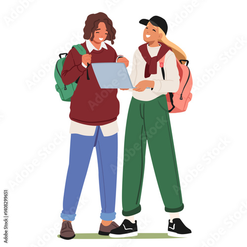 Happy students cartoon characters standing together and talking viewing information on laptop