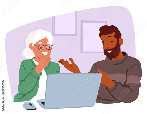 Social worker providing help for elderly woman to learn modern technology and to use internet