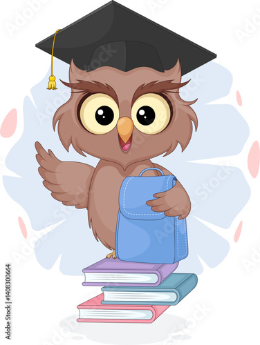 Cute smart owl with backpack sitting on books. Colorful back to school illustration