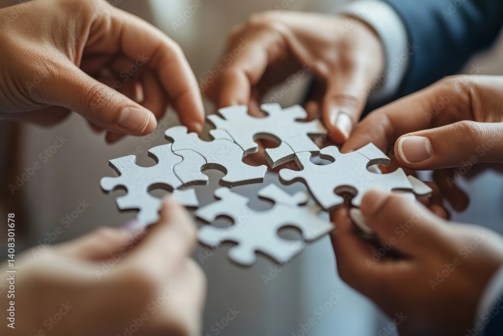Close-Up Image of Business Professionals Joining Puzzle Pieces to Represent Unity and Collaboration Close-Up Image of Business Professionals Joining Puzzle Pieces to Represent Unity and Collaboration