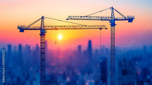 Silhouettes of construction cranes rise above a cityscape at sunrise.