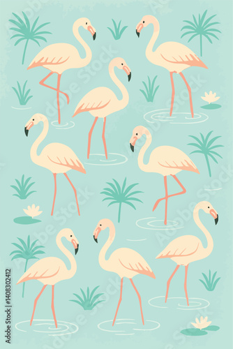 Pattern of flamingos and palm trees on a vibrant blue background