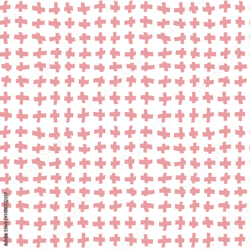 Pink seamless background. Cute geometric background for kids. Primitive careless sketch. Pastel crosses texture on white background. Vector illustration.