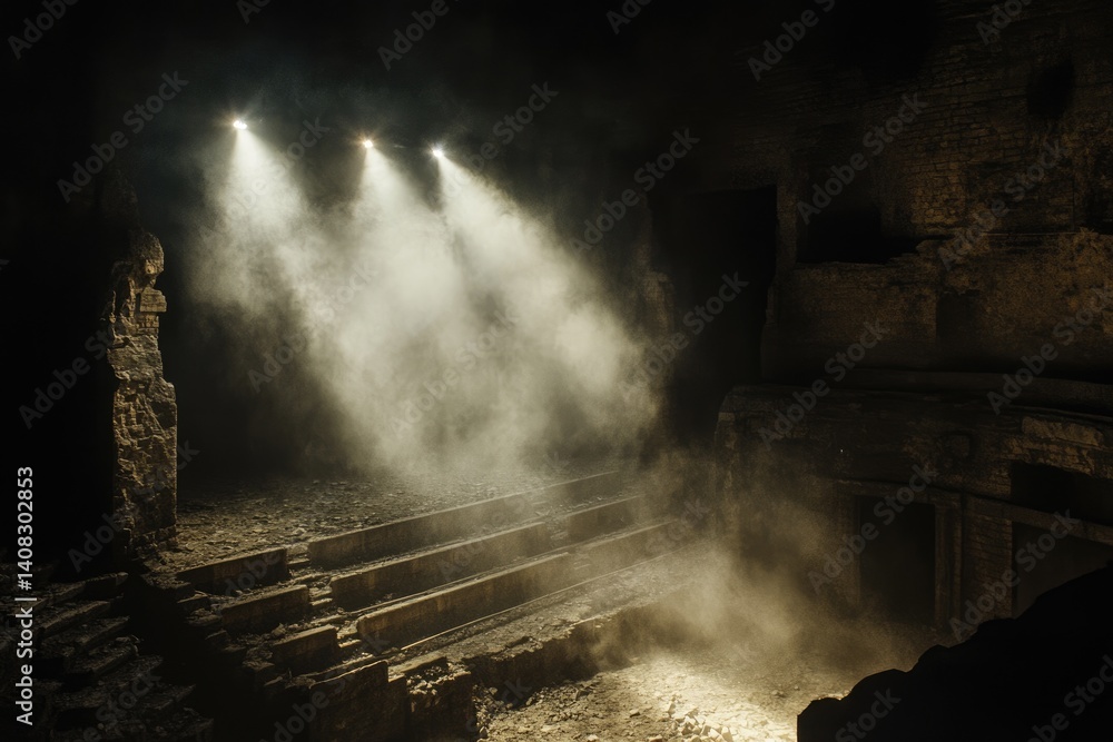 Fototapeta premium Three spotlights illuminate a dusty, ruined amphitheater, creating an atmospheric scene.