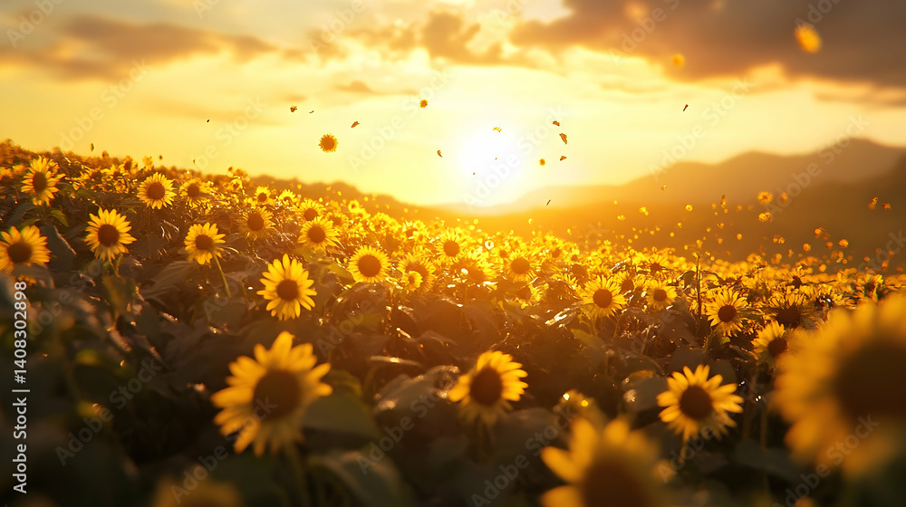 Fototapeta premium Golden sunset over a field of sunflowers.
