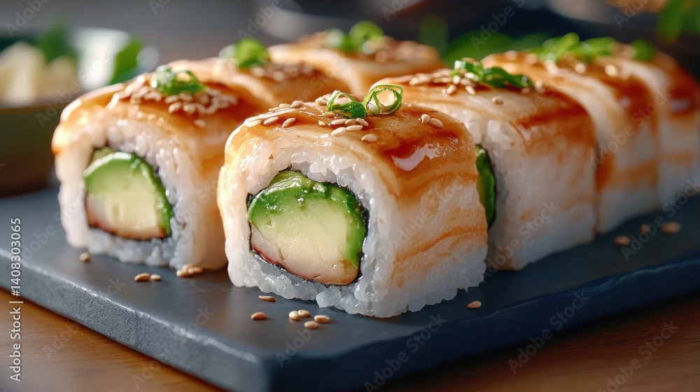 Delicious sushi rolls with eel, avocado, surimi and sesame seeds laying on a slate plate Delicious sushi rolls with eel, avocado, surimi and sesame seeds laying on a slate plate