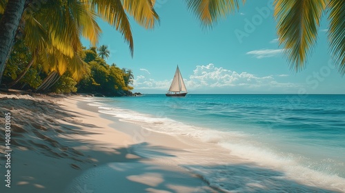 Sailboat sailing near tropical beach with palm trees and white sand