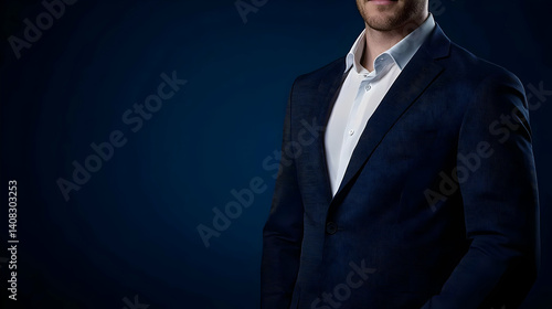 Portrait Of A Confident Man In Blue Textured Suit And White Shirt On Dark Background