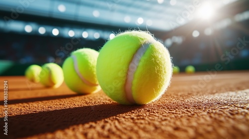 Tennis balls resting on clay court in sunlit stadium