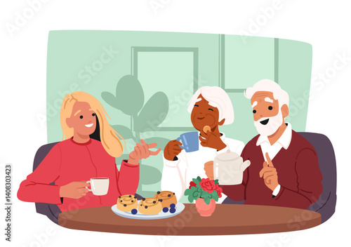 Social worker providing nice conversation with elderly couple offering support cartoon scene