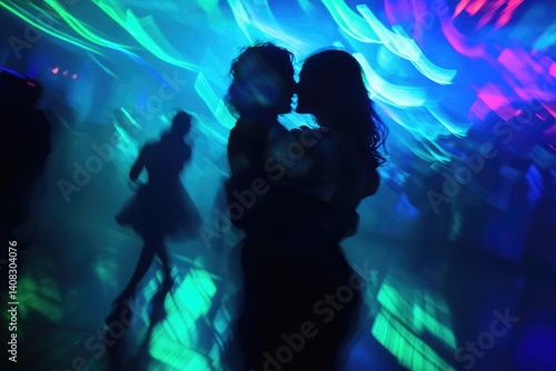 Silhouette of a couple kissing amidst vibrant, blurry neon lights at a dance party.