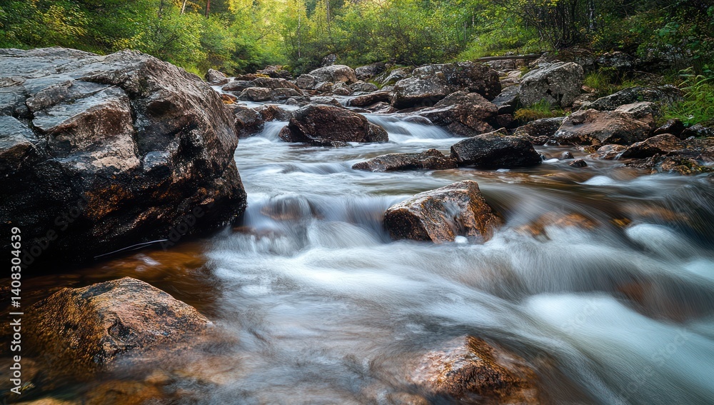 Fototapeta premium Serene Forest Stream: A Tranquil River Scene