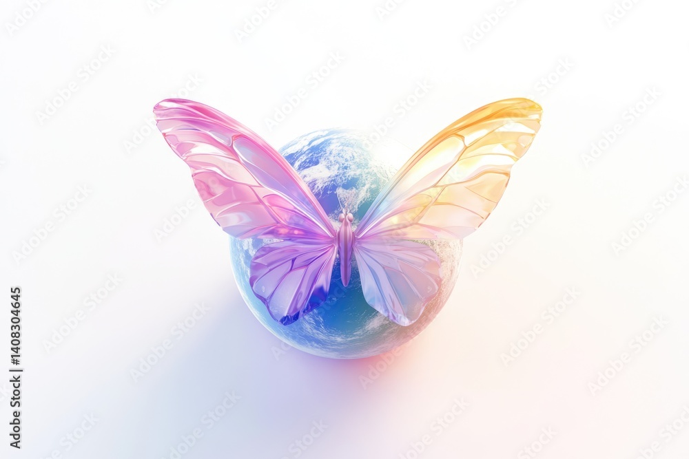 Obraz premium A vibrant glass butterfly rests gently on a miniature Earth, symbolizing environmental harmony and delicate balance.