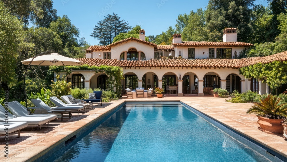 Fototapeta premium Mediterranean Estate with Pool and Lush Landscaping