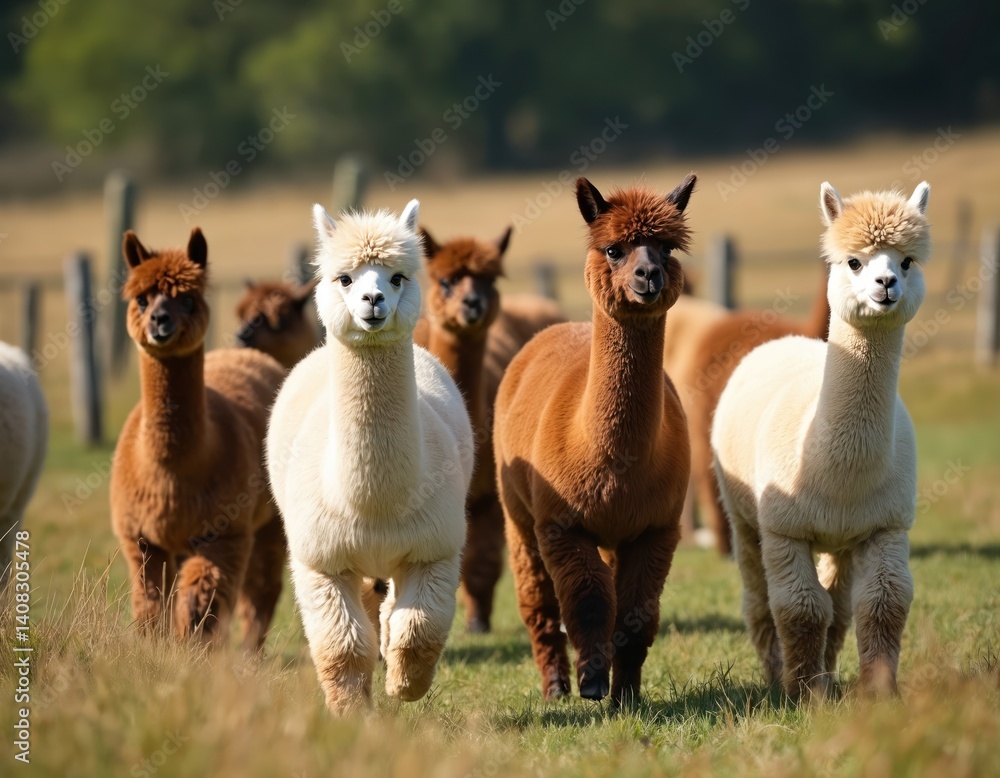 Fototapeta premium Group of alpacas in a pasture. Fluffy woolly alpacas of different colors. Farm animals walking on green grass. Cute alpaca portrait against blurred background.