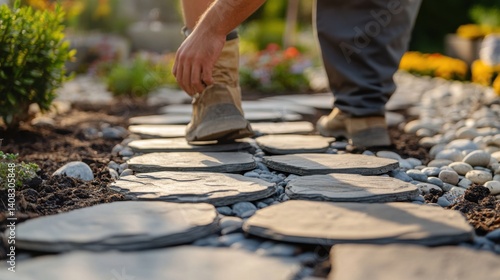 Wallpaper Mural Landscaper installing a stone pathway in a garden. Featuring creativity and attention to detail Torontodigital.ca
