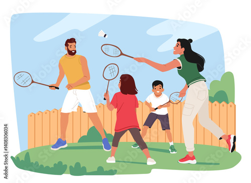 Happy parents and children playing badminton on backyard outdoors enjoying active time together