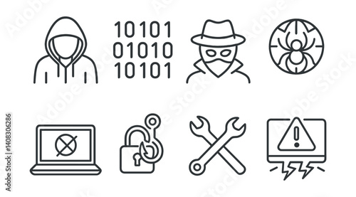 Set of icons: hooded figure, binary, masked face, bug, computer, lock, tools, alert.