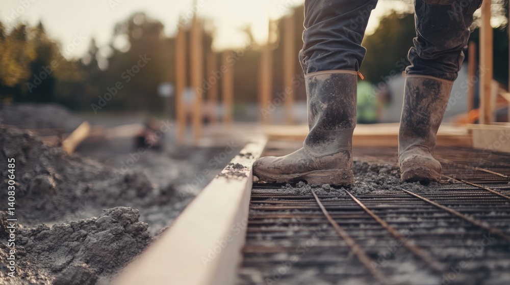 Builder laying foundation at a construction site. Featuring strength and precision Builder laying foundation at a construction site. Featuring strength and precision