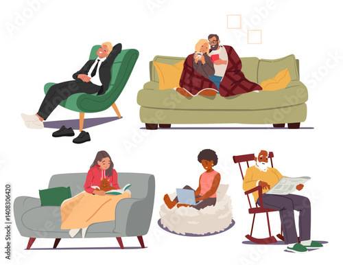 Business man and woman, loving couple, pensioner, teenager girl cartoon characters on sofa or couch