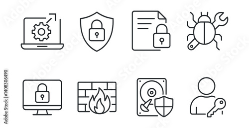 Line vector icons of system utilities: settings gear, cleaner brush, app manager, storage meter, update icon, background limiter, security scan, optimization icon.