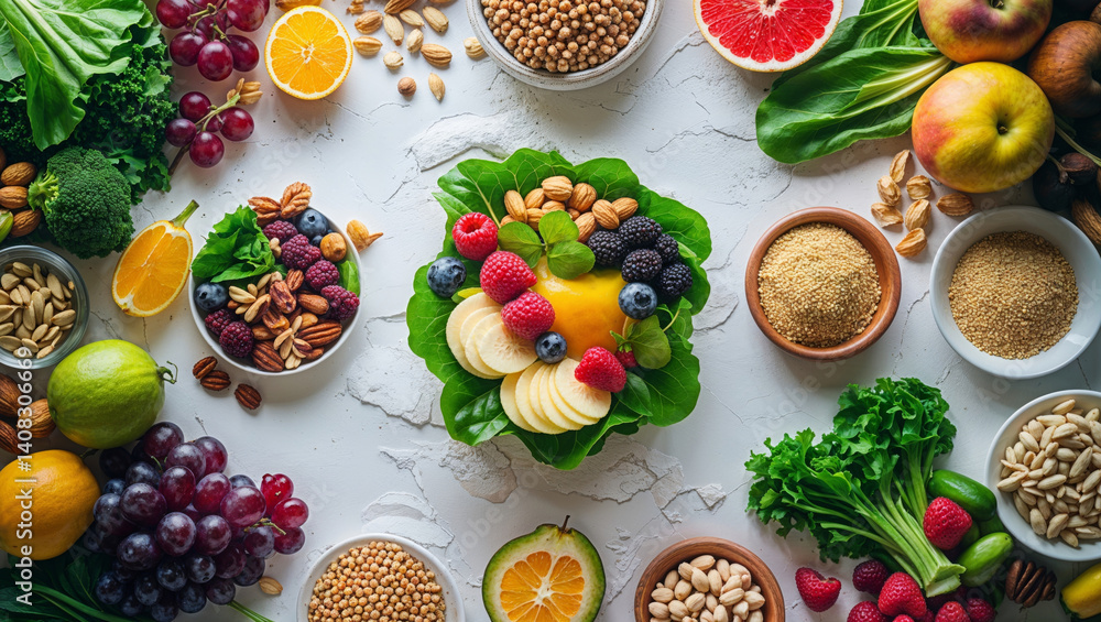 A colorful overhead composition of fresh fruits, berries, and nuts, perfect for healthy eating habits. A colorful overhead composition of fresh fruits, berries, and nuts, perfect for healthy eating habits.