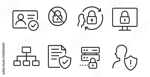Line style icons of zero trust security: identity verification, no implicit trust, continuous authentication, access control, microsegmentation, policy check, encrypted traffic, risk-based access.