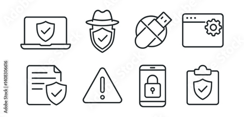 Line style icons of endpoint security: secured laptop, antivirus agent, device control, patch manager, endpoint policy, alert icon, device lock, compliance check.