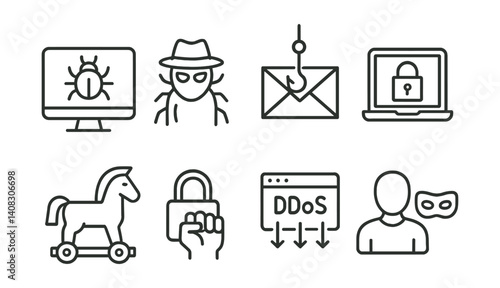 Set of icons: bug, hacker, phishing, encrypted, trojan, locked, DDoS, impersonation.