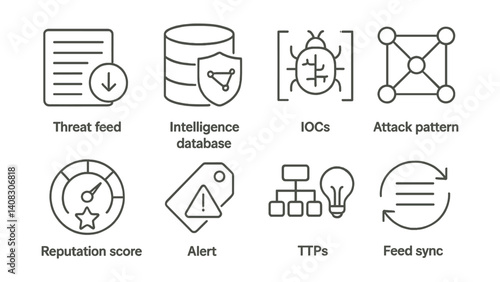 Line style icons of SIEM systems: event correlation, log collector, dashboard icon, security alert, threat intelligence, SOC icon, real-time monitor, incident response.
