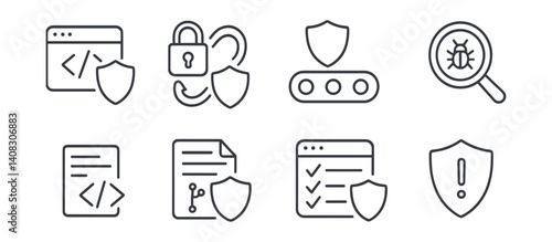 Line style icons of DevSecOps: code shield, secure CI/CD, secure pipeline, scan tool, policy-as-code, repo scanner, automated test, threat prevention.