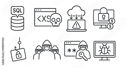 Set includes database, code, skull, laptop, lock, ID badge, hackers, key, bug.