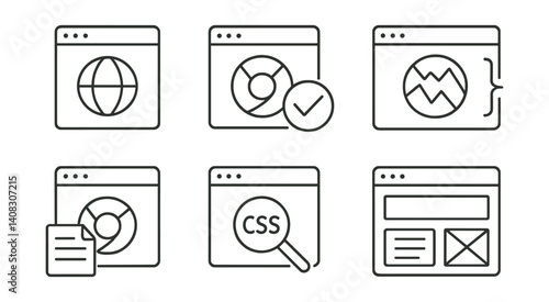 Flat vector icons of cross-browser compatibility: browser icons, CSS prefix, fallback design, rendering issue icon, browser test, compatibility report, emulation tool, polyfill.