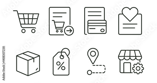 Set of icons: shopping cart, document, credit card, heart, box, tag, location, store.